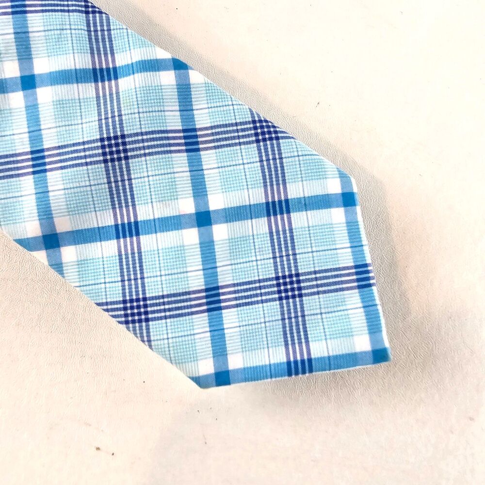 The Tie Bar Mens Tie Blue White Plaid 100% Cotton Necktie Preppy Skinny 58"